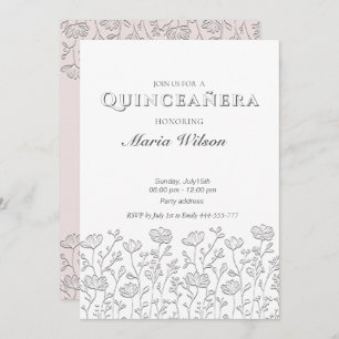 Trendy Embossed modern floral Quinceañera Invitation