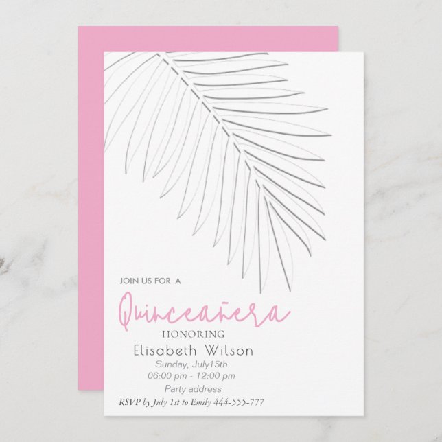 Trendy Embossed palm minimalist script Quinceañera Invitation (Front/Back)