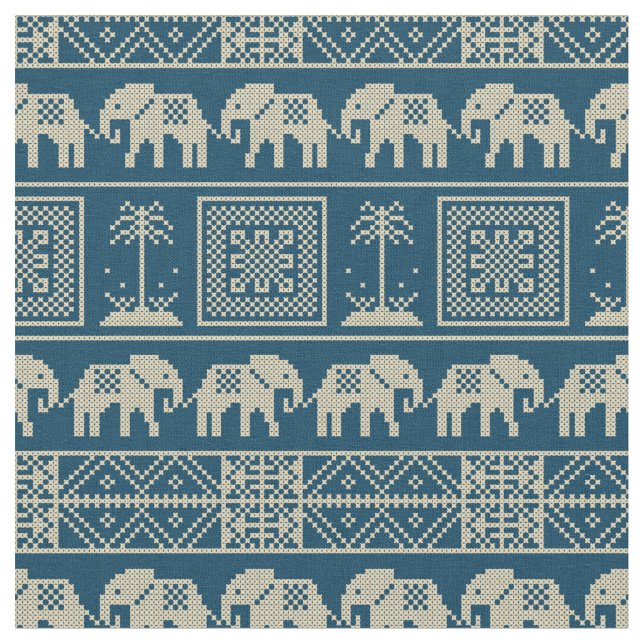 Trendy Ethnic Elephants Blue and white pattern Fabric (Close Up)