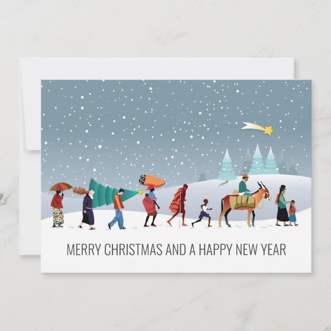 Trendy Ethnic Group Walking in Snowfall Holiday Card (Front)