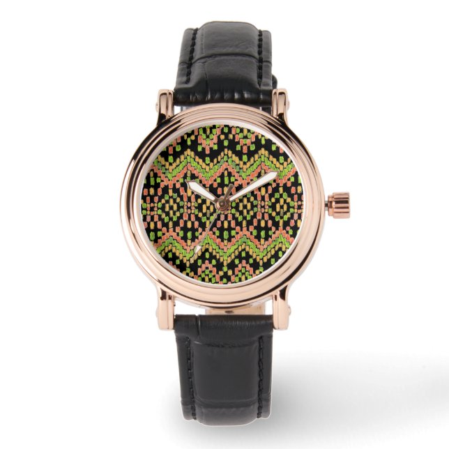 Trendy Ethnic Ikat Pattern on Black to Customise Watch (Front)