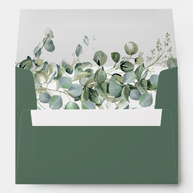 Trendy Eucalyptus Emerald Green Watercolor Foilage Envelope (Back (Bottom))