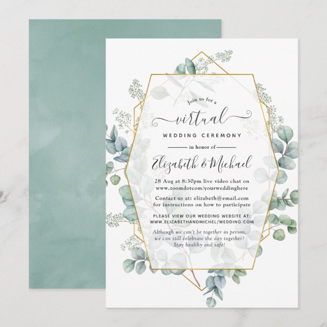 Trendy Eucalyptus Geometric Online Virtual Wedding Invitation (Front/Back)