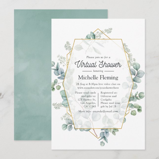 Trendy Eucalyptus Geometric Virtual Baby Shower Invitation (Front/Back)