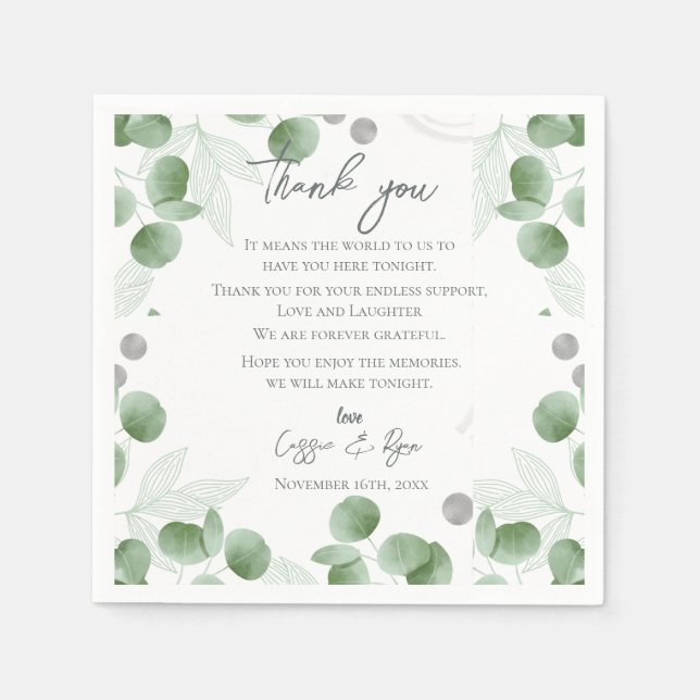 Trendy Eucalyptus Leaves Wedding Thank you Message Napkin (Front)