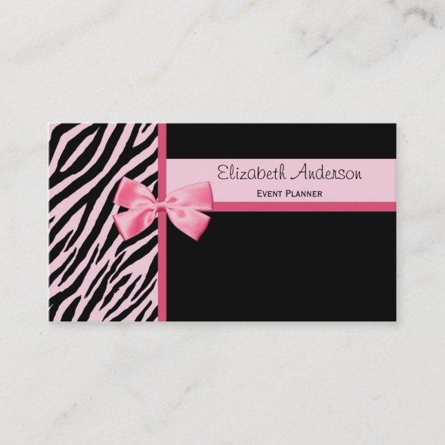 Trendy Event Planner Pink and Black Zebra With Bow Business Card (Front)