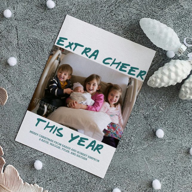 Trendy Extra Cheer This Year Photo Card | Teal (Teal Trendy Extra Cheer This Year Holiday Photo Card)
