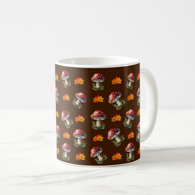 Trendy Fall Autumn Leaves Mushrooms Fungi Brown Coffee Mug (Front Right)