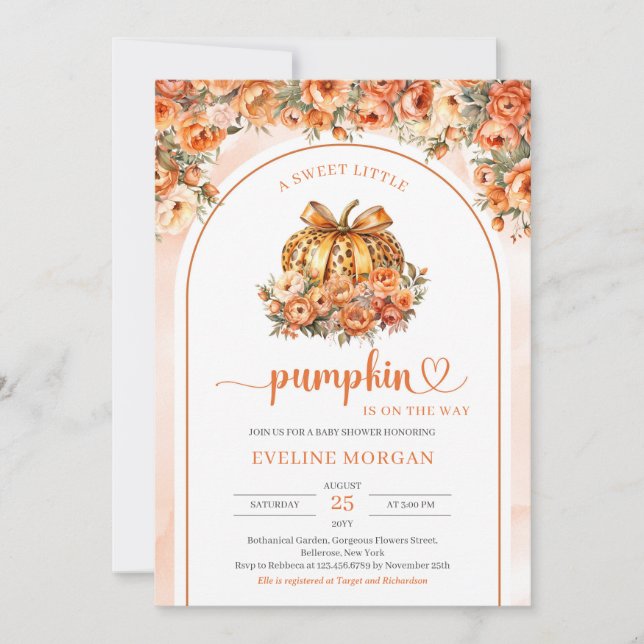 Trendy fall leopard pumpkin with ornge bow arch invitation (Front)