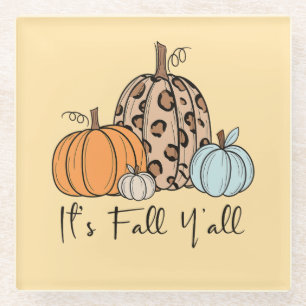 Trendy Fall Pumpkin   “It’s Fall Y’all” Quote Glass Coaster