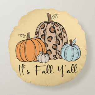 Trendy Fall Pumpkin “It’s Fall Y’all” Quote Round Cushion