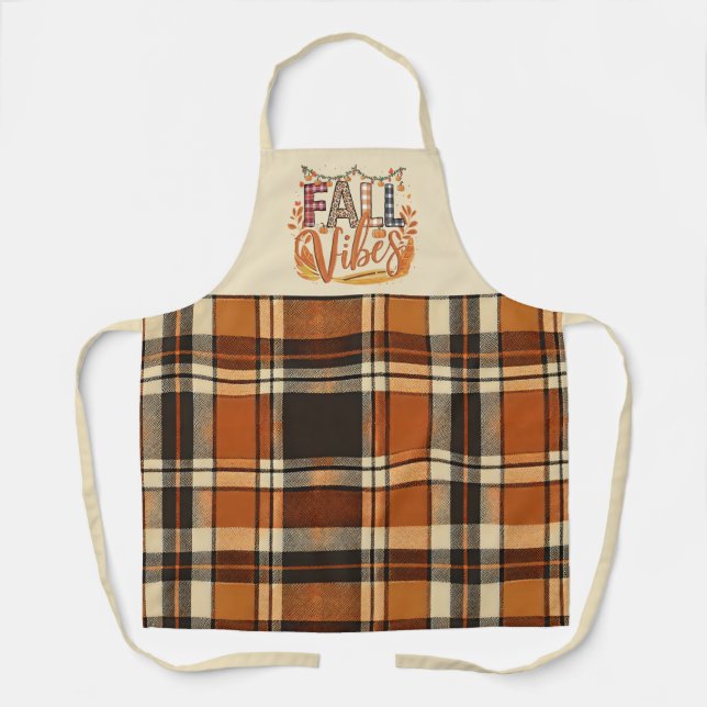 Trendy Fall Vibes Burnt Orange Plaid Print Autumn Apron (Front)