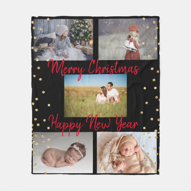 Trendy Family Collage Red Scripts Christmas Fleece Blanket (Front)