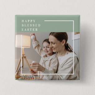 Trendy Family Photo   Green Happy Blessed Easter  15 Cm Square Badge