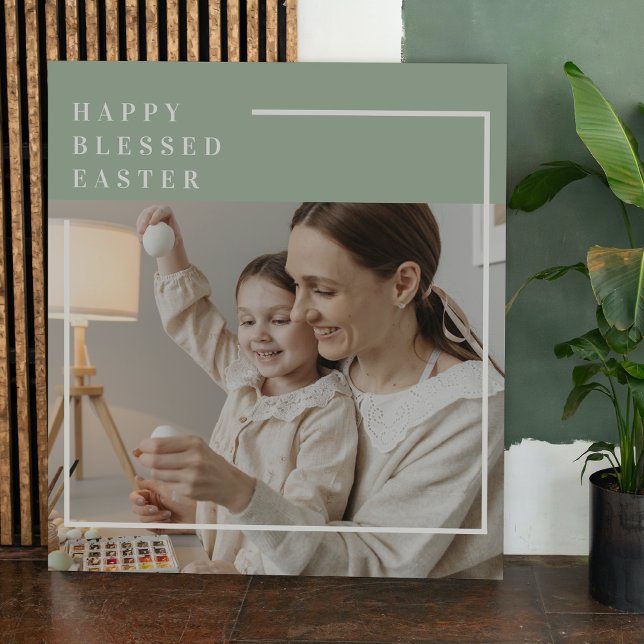 Trendy Family Photo | Green Happy Blessed Easter  Canvas Print (Creator Uploaded)
