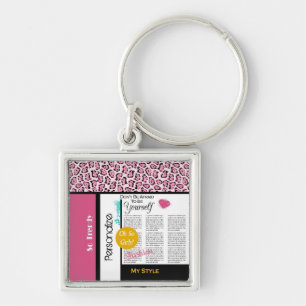 Trendy Fashion Newsprint Pink Leopard and Name Key Ring