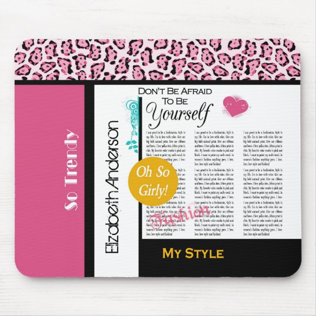 Trendy Fashion Newsprint Pink Leopard and Name Mouse Mat (Front)
