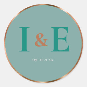 Trendy Faux Copper Foil Frame Teal Text Wedding Classic Round Sticker