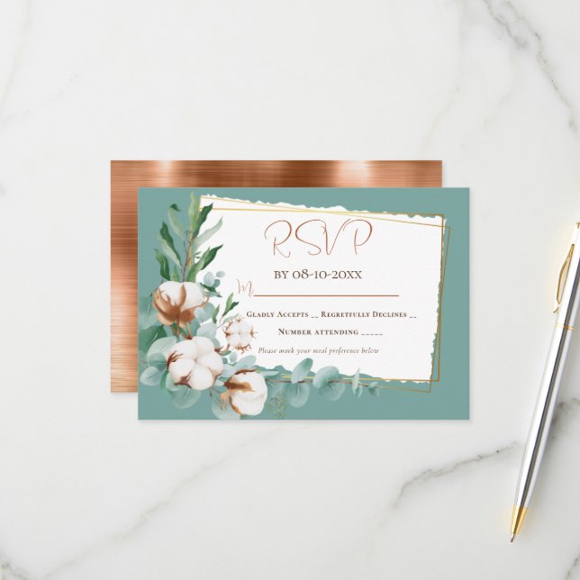 Trendy Faux Copper White Floral Bouquet Wedding RSVP Card (Front/Back In Situ)