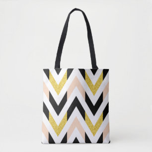 Trendy Faux Glitter Gold, Black, White Chevron Tote Bag