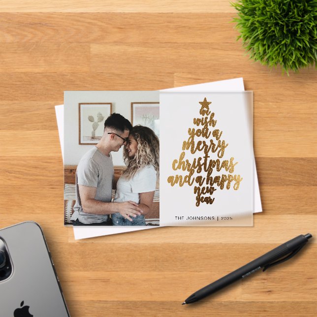 Trendy Faux Gold Family Photo Christmas Card Acrylic Invitations (Insitu (Invitation Card))