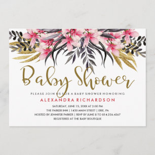Trendy Faux Gold Glitter Floral Baby Shower Invitation