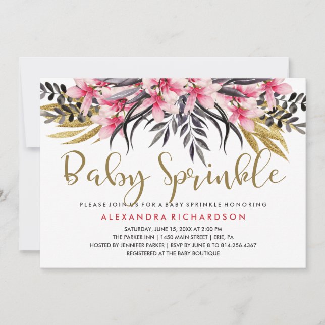 Trendy Faux Gold Glitter Floral Baby Sprinkle Invitation (Front)