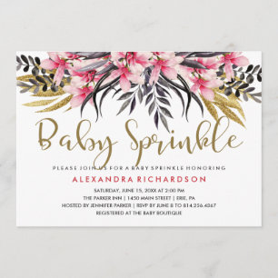 Trendy Faux Gold Glitter Floral Baby Sprinkle Invitation