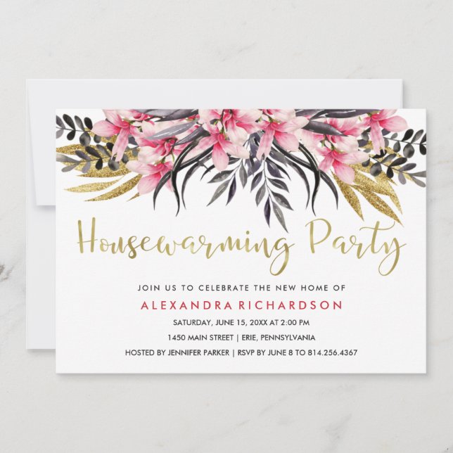Trendy Faux Gold Glitter Floral Housewarming Party Invitation (Front)