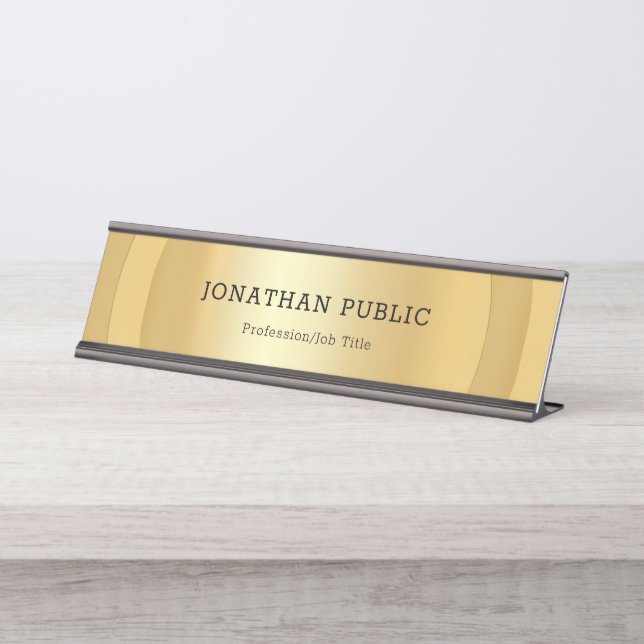 Trendy Faux Gold Modern Elegant Template Glamour Desk Name Plate (Front)