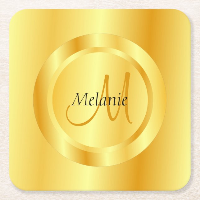 Trendy Faux Gold Modern Monogram Elegant Template Square Paper Coaster (Front)
