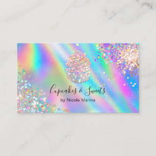 Trendy Faux Holographic Rainbow Glitter Cupcake Business Card