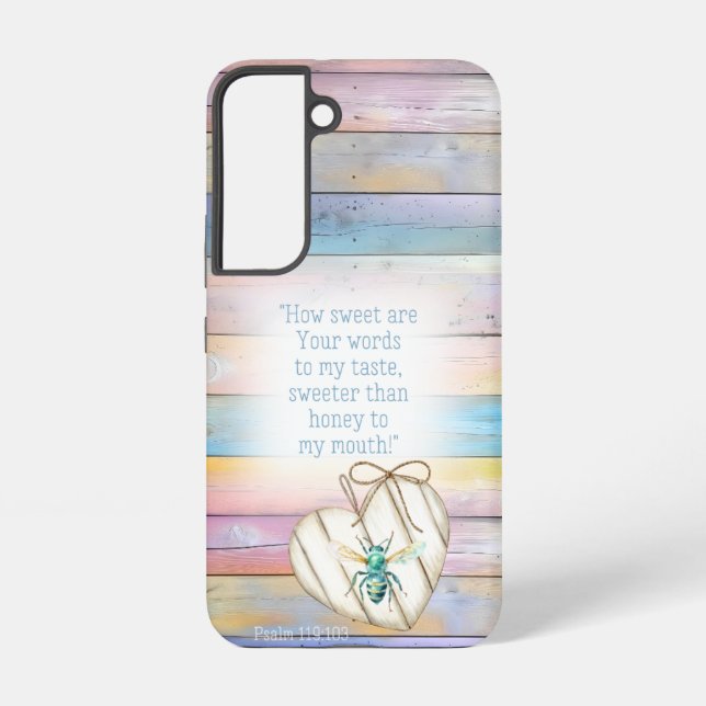 Trendy Faux Pastel Wood Heart Turquoise Bee Faith Samsung Galaxy S22 Case (Back)