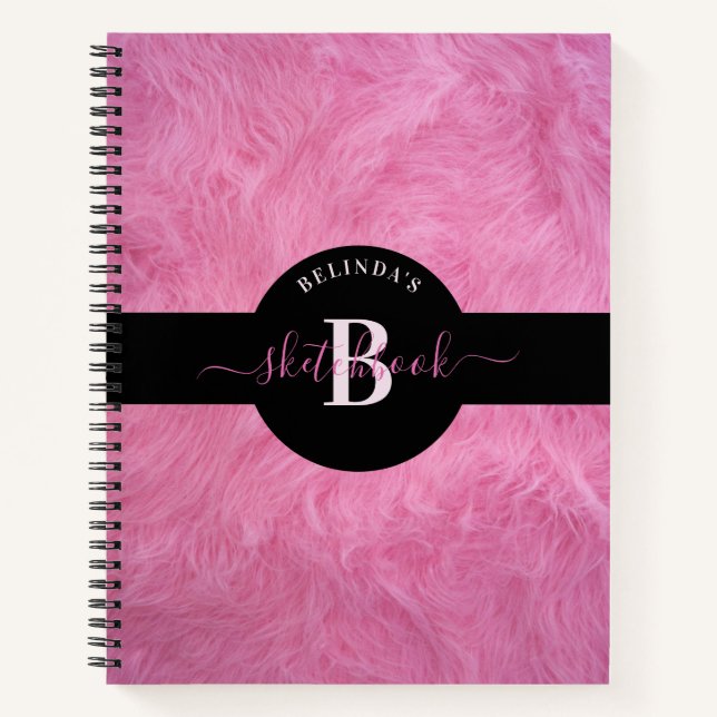 Trendy Faux Pink Fur Girly Monogram Sketchbook Notebook (Front)