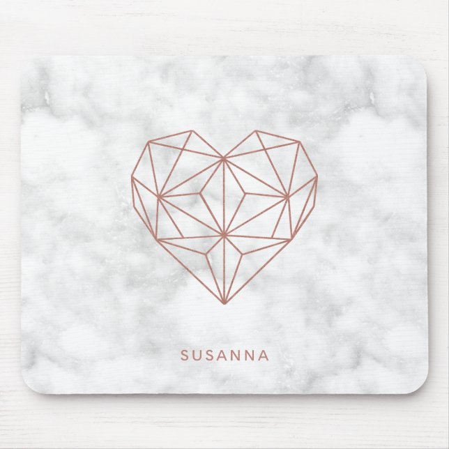 Trendy Faux Rose Gold Geometric Heart Marble Style Mouse Mat (Front)