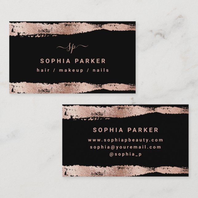 Trendy Faux Rose Gold on Black Business Card (Front/Back)