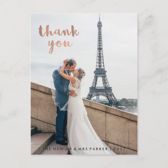 Trendy Faux Rose Gold Typography Wedding Thank You Postcard (Front)
