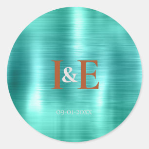 Trendy Faux Teal Foil Copper Text  Wedding Classic Round Sticker