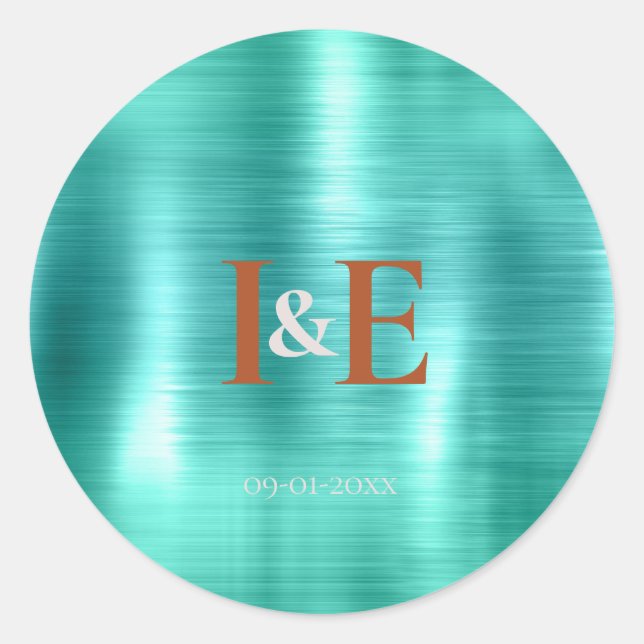 Trendy Faux Teal Foil Copper Text  Wedding Classic Round Sticker (Front)