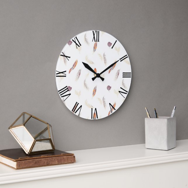 Trendy Feathers Luxury Boho Collection Large Clock (Office)