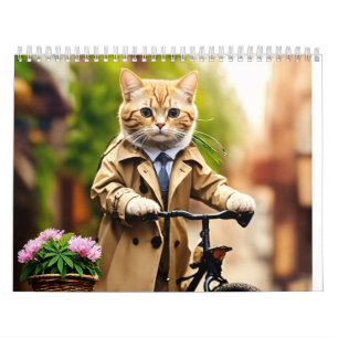 : Trendy Feline Adventure: Cat in Trench Coat on B Calendar