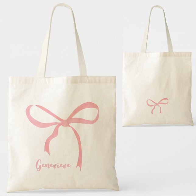 Trendy Feminine Coquette Aesthetic Girly Bow Name Tote Bag (Trendy Feminine Coquette Aesthetic Pink Bow Personalized First Name Tote Bag, Bachelorette Favors)
