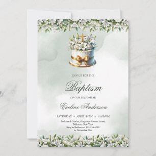 Trendy festive cake gold cross lilies Baptism Invitation