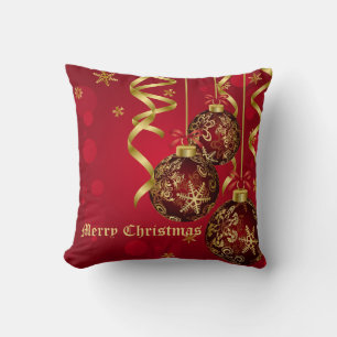 Trendy Festive Red & Golden Christmas Ornaments Cushion