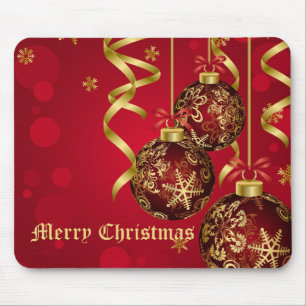 Trendy Festive Red & Golden Christmas Ornaments Mouse Mat