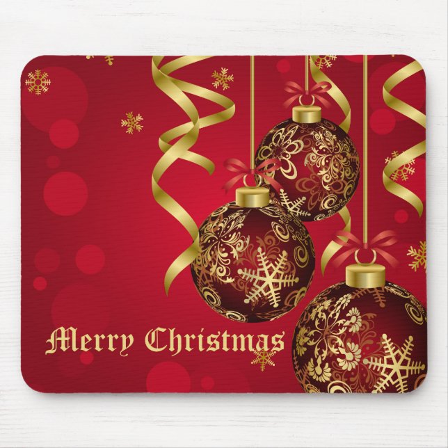 Trendy Festive Red & Golden Christmas Ornaments Mouse Mat (Front)