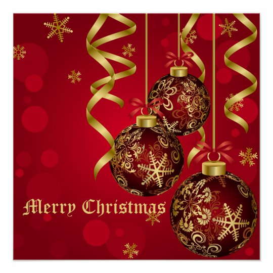 Trendy Festive Red & Golden Christmas Ornaments Poster | Zazzle.co.uk