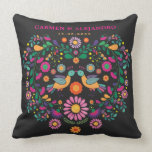 Trendy Fiesta Mexican Flower Pattern Wedding Gift Cushion<br><div class="desc">This beautiful cushion features whimsical & intricate Mexican floral pattern in hot pink, purple, orange, green, yellow and turquoise. Personalise the cushion with the names of the bride and groom and also the wedding date. The background colour of the cushion is set to dark charcoal, but feel free to choose...</div>