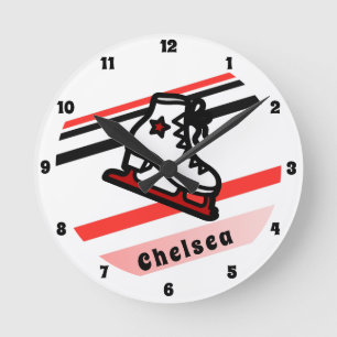 Trendy Figure Skating Girl Skates Personalised Red Round Clock