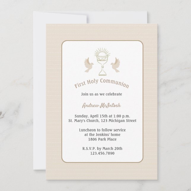 Trendy First Communion Tan Stripes with Chalice Invitation (Front)